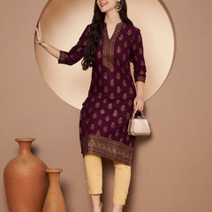 Poshak Hub Women Cotton Purple Gold Print Staright Kurta