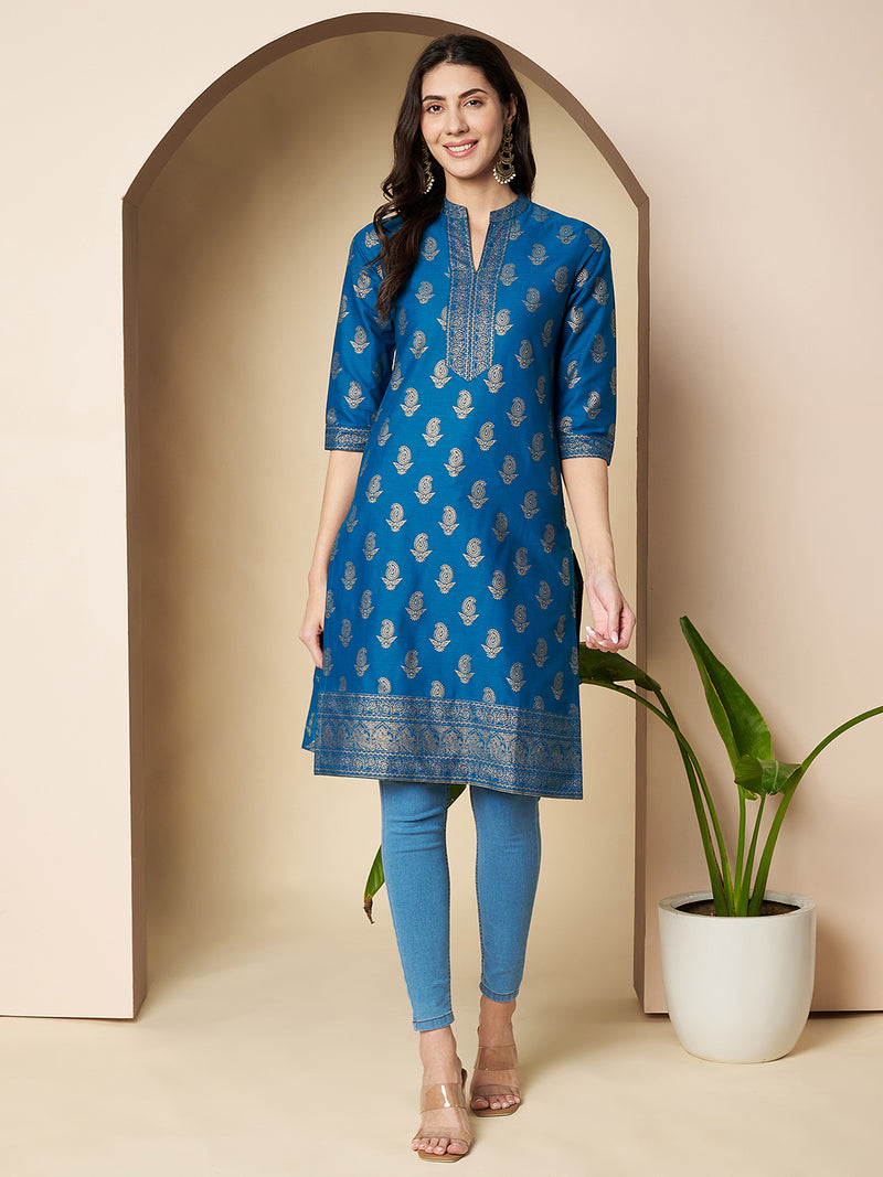 Poshak Hub Women Cotton Torquoise Gold Print Staright Kurta