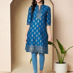 Poshak Hub Women Cotton Torquoise Gold Print Staright Kurta