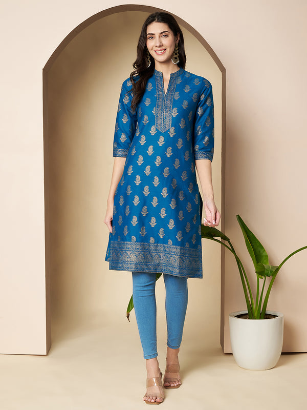 Poshak Hub Women Cotton Torquoise Gold Print Staright Kurta