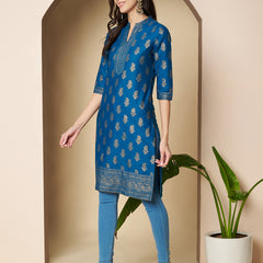 Poshak Hub Women Cotton Torquoise Gold Print Staright Kurta