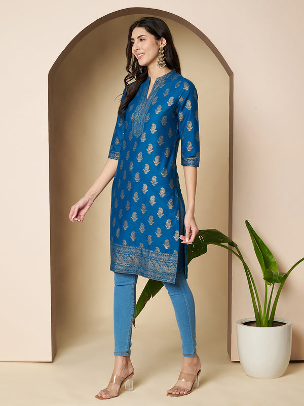 Poshak Hub Women Cotton Torquoise Gold Print Staright Kurta