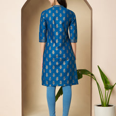Poshak Hub Women Cotton Torquoise Gold Print Staright Kurta