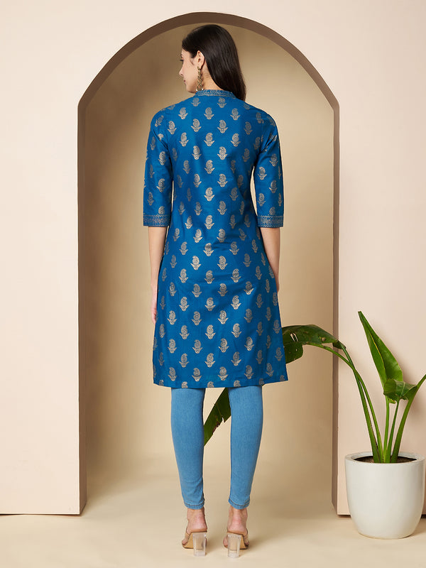 Poshak Hub Women Cotton Torquoise Gold Print Staright Kurta