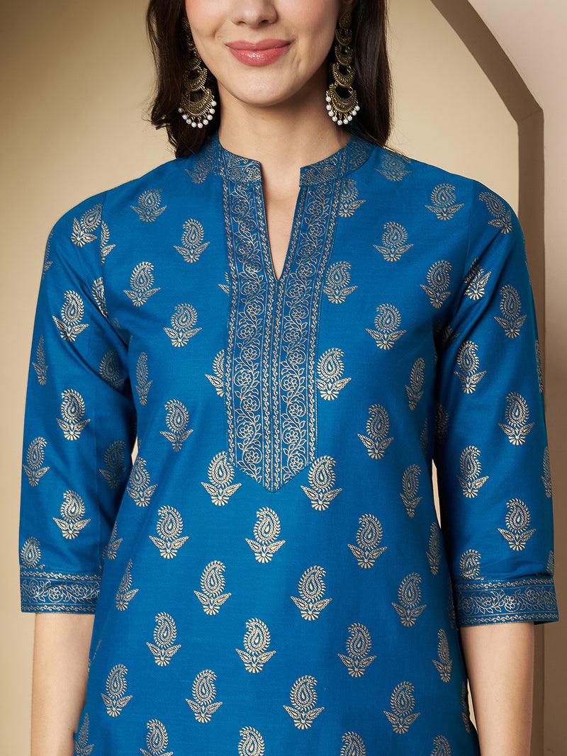 Poshak Hub Women Cotton Torquoise Gold Print Staright Kurta