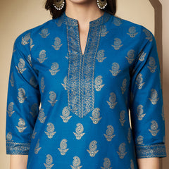 Poshak Hub Women Cotton Torquoise Gold Print Staright Kurta