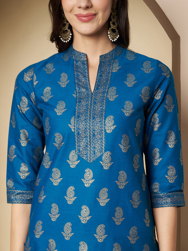 Poshak Hub Women Cotton Torquoise Gold Print Staright Kurta