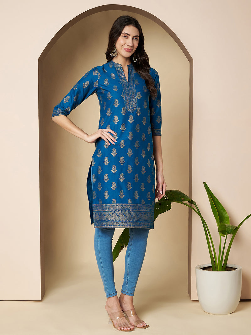 Poshak Hub Women Cotton Torquoise Gold Print Staright Kurta