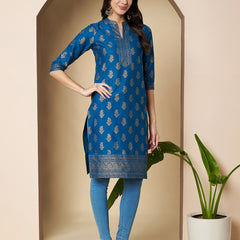 Poshak Hub Women Cotton Torquoise Gold Print Staright Kurta