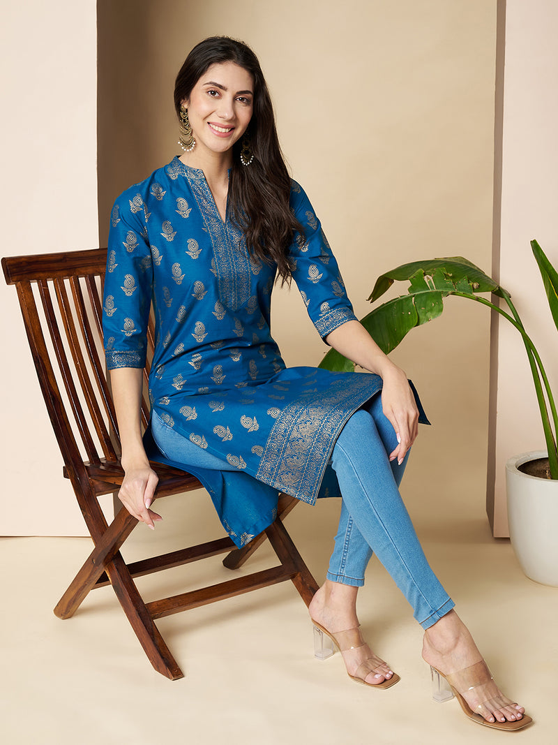 Poshak Hub Women Cotton Torquoise Gold Print Staright Kurta