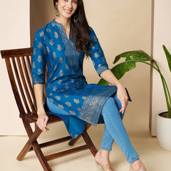 Poshak Hub Women Cotton Torquoise Gold Print Staright Kurta