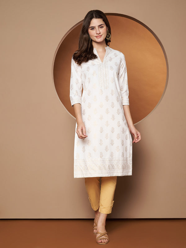 Poshak Hub Women Cotton White Gold Print Staright Kurta