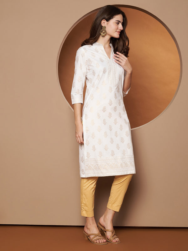 Poshak Hub Women Cotton White Gold Print Staright Kurta