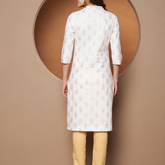 Poshak Hub Women Cotton White Gold Print Staright Kurta
