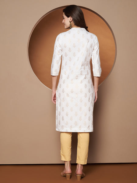 Poshak Hub Women Cotton White Gold Print Staright Kurta