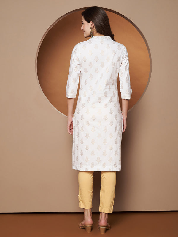 Poshak Hub Women Cotton White Gold Print Staright Kurta