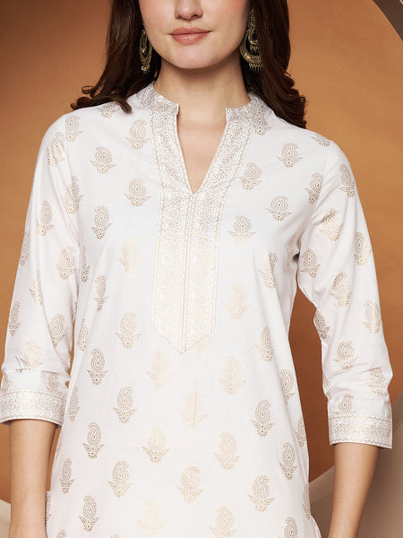 Poshak Hub Women Cotton White Gold Print Staright Kurta