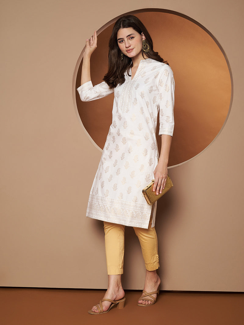 Poshak Hub Women Cotton White Gold Print Staright Kurta
