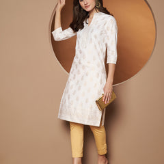 Poshak Hub Women Cotton White Gold Print Staright Kurta
