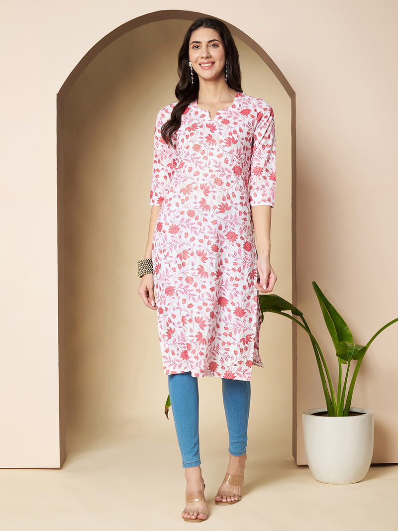 Poshak Hub Women Cotton White & Pink Cotton straight Kurta