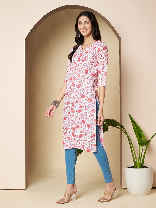 Poshak Hub Women Cotton White & Pink Cotton straight Kurta