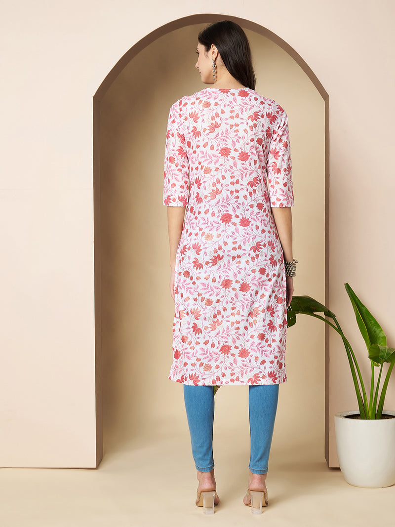 Poshak Hub Women Cotton White & Pink Cotton straight Kurta