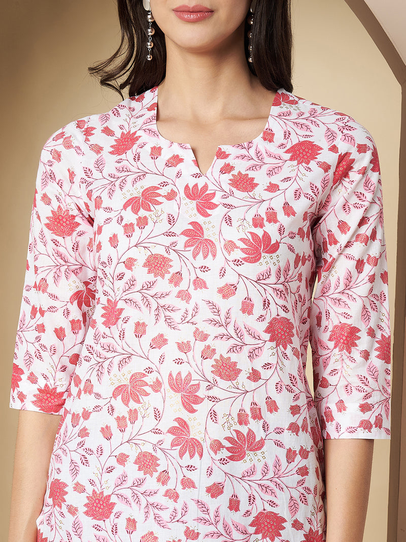 Poshak Hub Women Cotton White & Pink Cotton straight Kurta