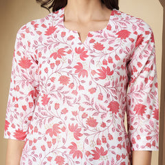 Poshak Hub Women Cotton White & Pink Cotton straight Kurta