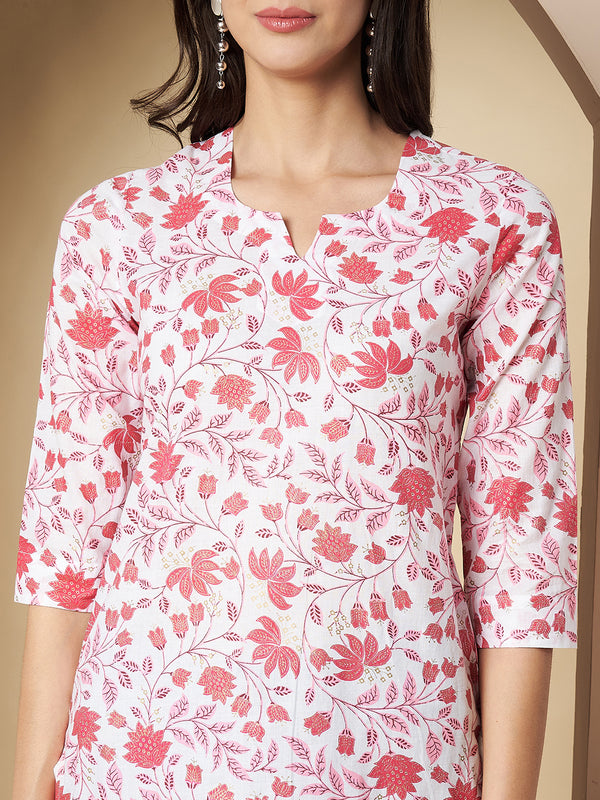 Poshak Hub Women Cotton White & Pink Cotton straight Kurta