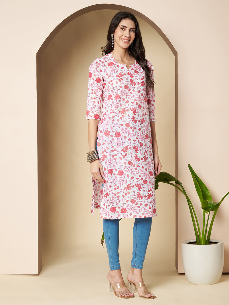 Poshak Hub Women Cotton White & Pink Cotton straight Kurta