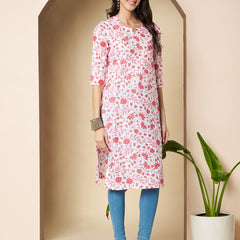 Poshak Hub Women Cotton White & Pink Cotton straight Kurta