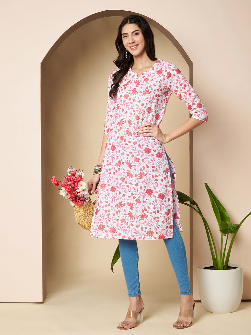 Poshak Hub Women Cotton White & Pink Cotton straight Kurta