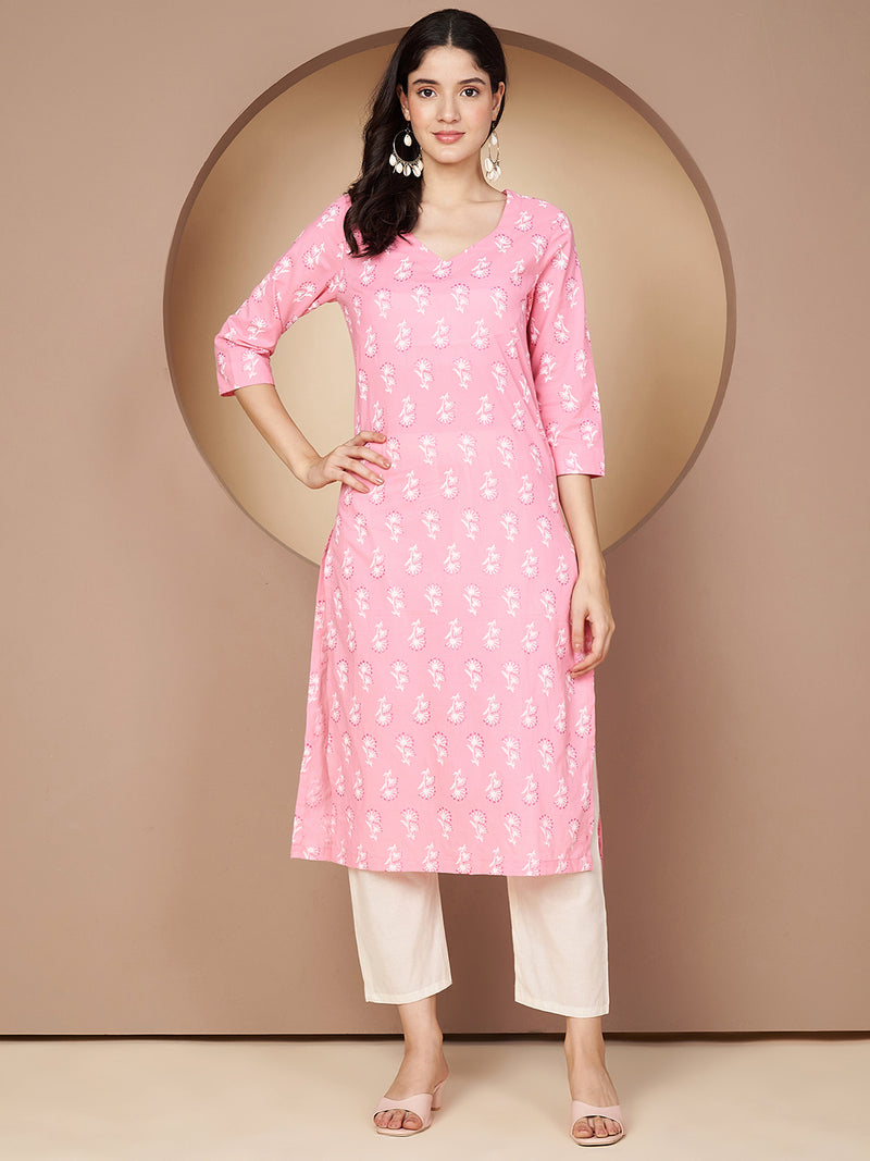 Poshak Hub Women Pink Cotton A Line Kurta