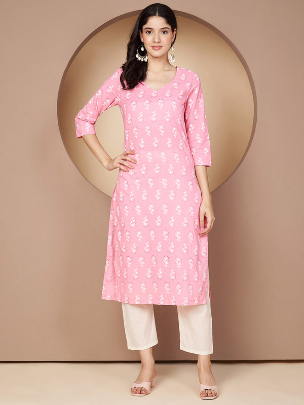 Poshak Hub Women Pink Cotton A Line Kurta