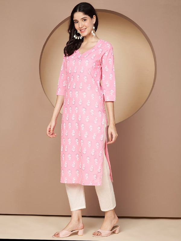 Poshak Hub Women Pink Cotton A Line Kurta