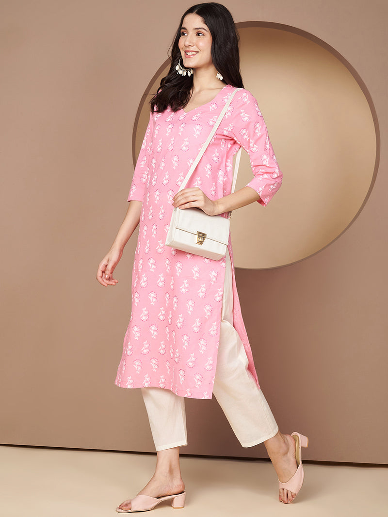 Poshak Hub Women Pink Cotton A Line Kurta