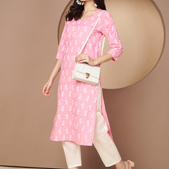 Poshak Hub Women Pink Cotton A Line Kurta