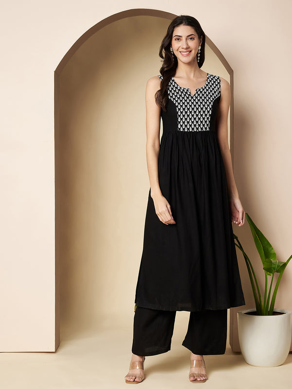 Poshak Hub Women Black Rayon A Line Kurta and palazzo