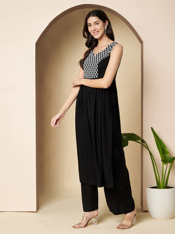 Poshak Hub Women Black Rayon A Line Kurta and palazzo