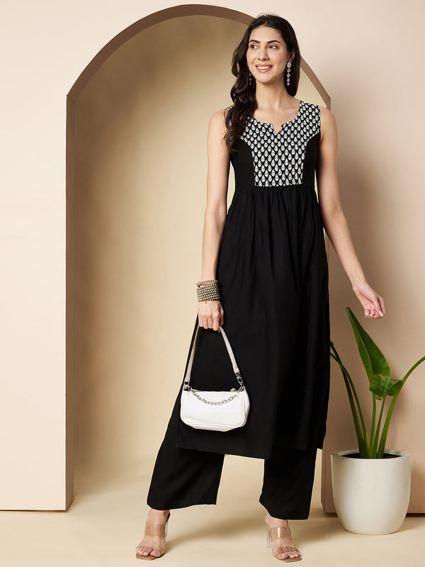 Poshak Hub Women Black Rayon A Line Kurta and palazzo