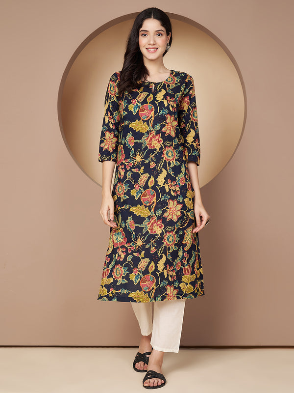 Poshak Hub Women Blue Cotton A Line Kurta