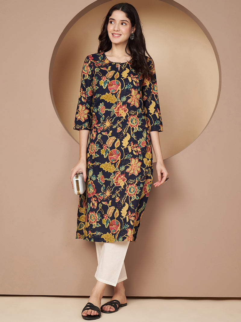 Poshak Hub Women Blue Cotton A Line Kurta