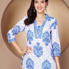 Poshak Hub White and Blue Floral Print V Neck Top