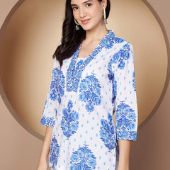 Poshak Hub White and Blue Floral Print V Neck Top