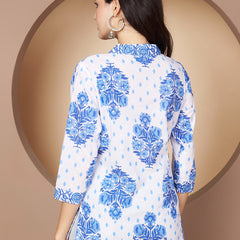 Poshak Hub White and Blue Floral Print V Neck Top