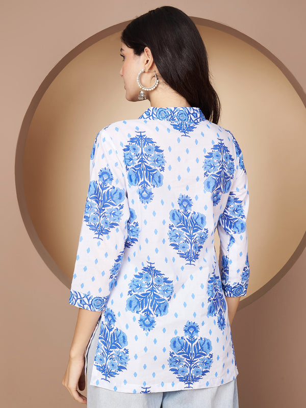 Poshak Hub White and Blue Floral Print V Neck Top