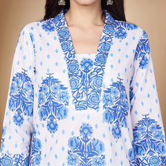 Poshak Hub White and Blue Floral Print V Neck Top