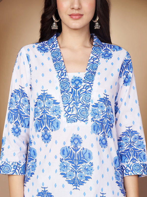 Poshak Hub White and Blue Floral Print V Neck Top