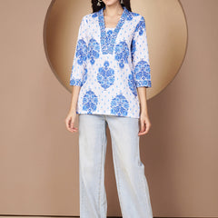 Poshak Hub White and Blue Floral Print V Neck Top