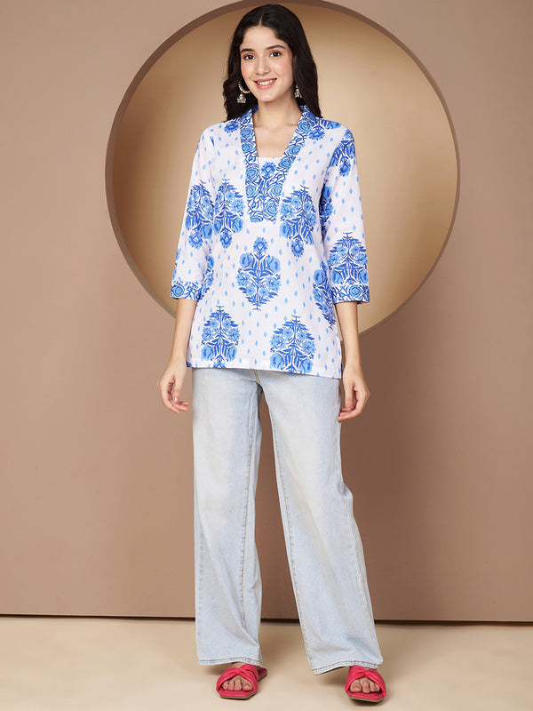Poshak Hub White and Blue Floral Print V Neck Top